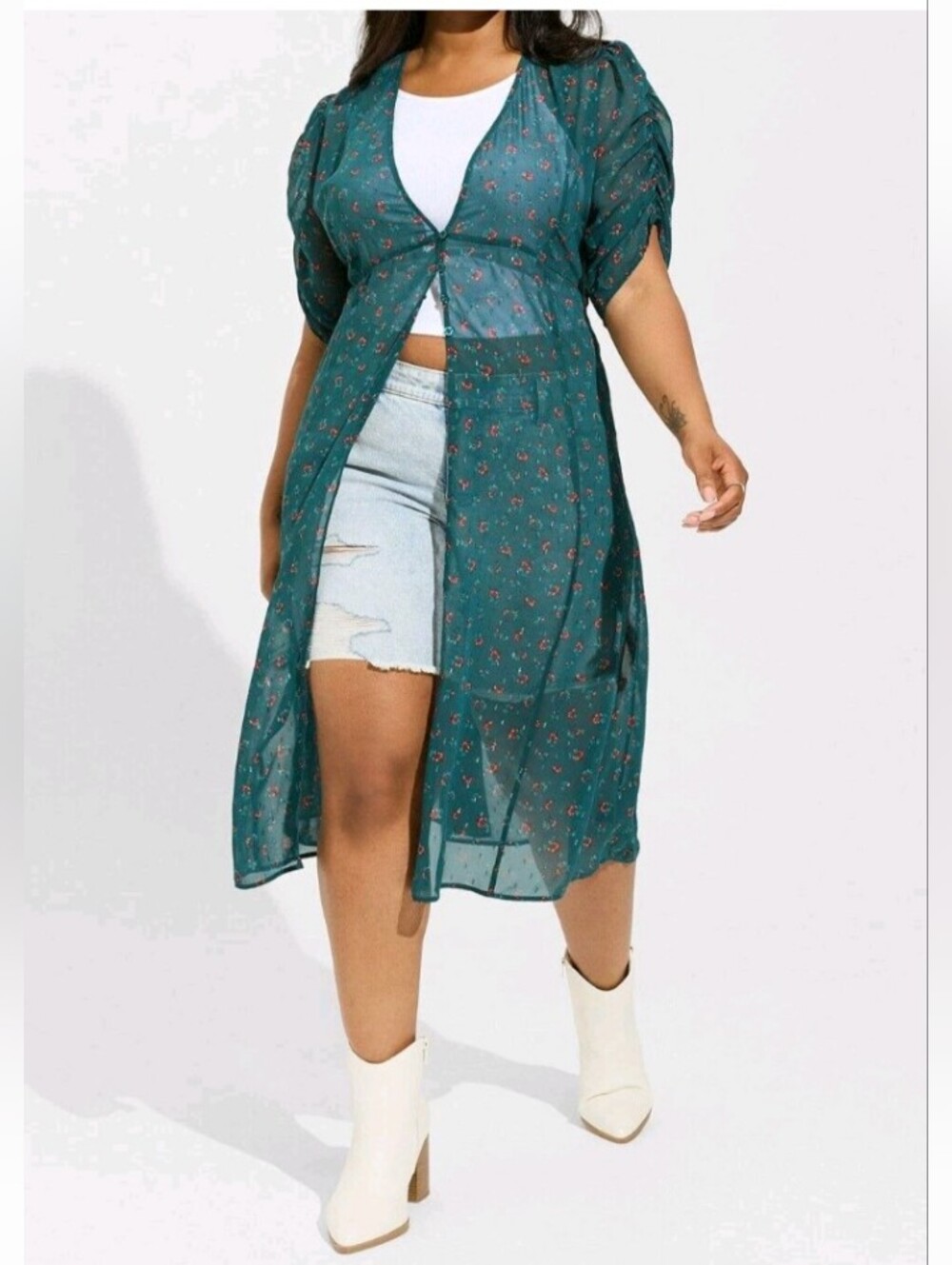 Torrid Floral Ruched Sleeve Chiffon Kimono